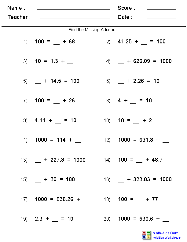 Missing Addend Multiples of Ten Addition Worksheets