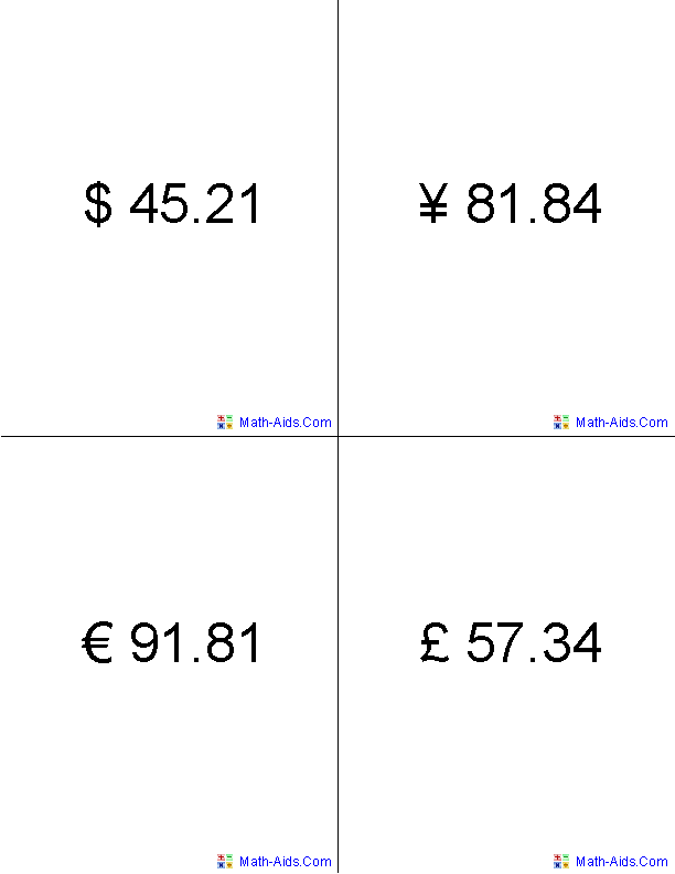 Money Numbers Flash Cards