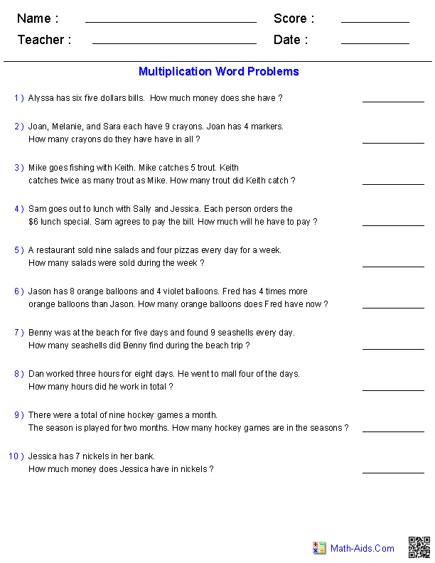 Multiplication with 1 Digit Numbers Word Problems Worksheets