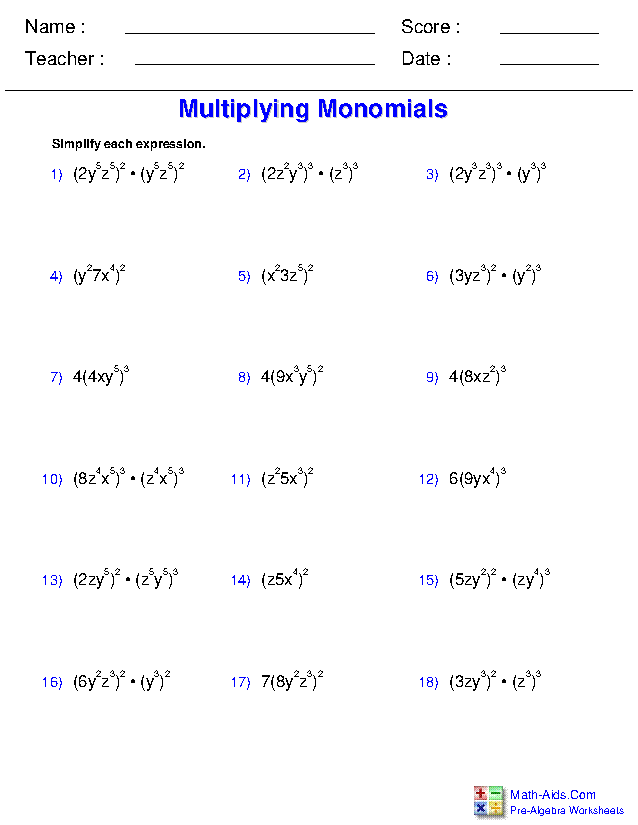 Multiplication Of Monomial By Monomial Worksheet