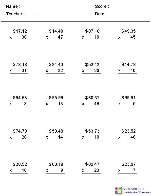 Multiplying Money Multiplication Worksheets