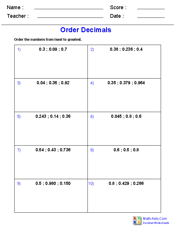 Decimals Worksheets | Dynamically Created Decimal Worksheets