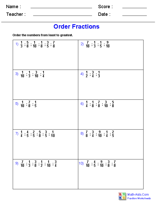 Ordering Fractions Worksheets