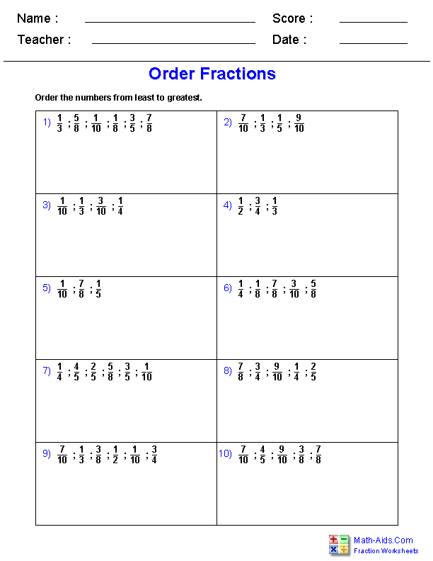 Fraction Chart Least To Greatest