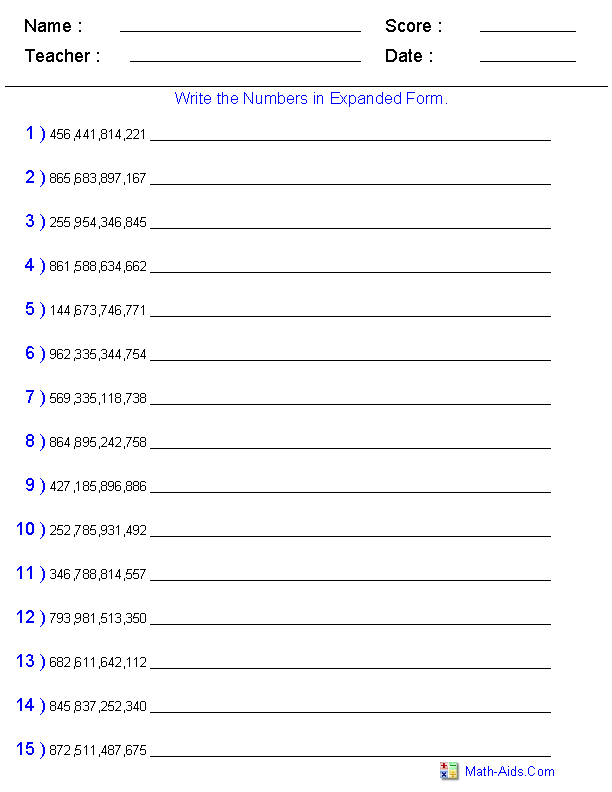 Expanded Form Billions Place Value Worksheets