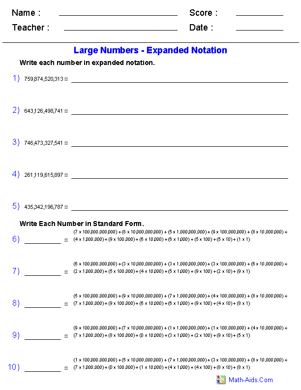 Label The Place Value Charts Fill In The Blanks