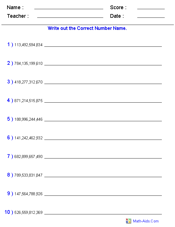 Writing Word Names for Numbers in Billions Place Value Worksheets
