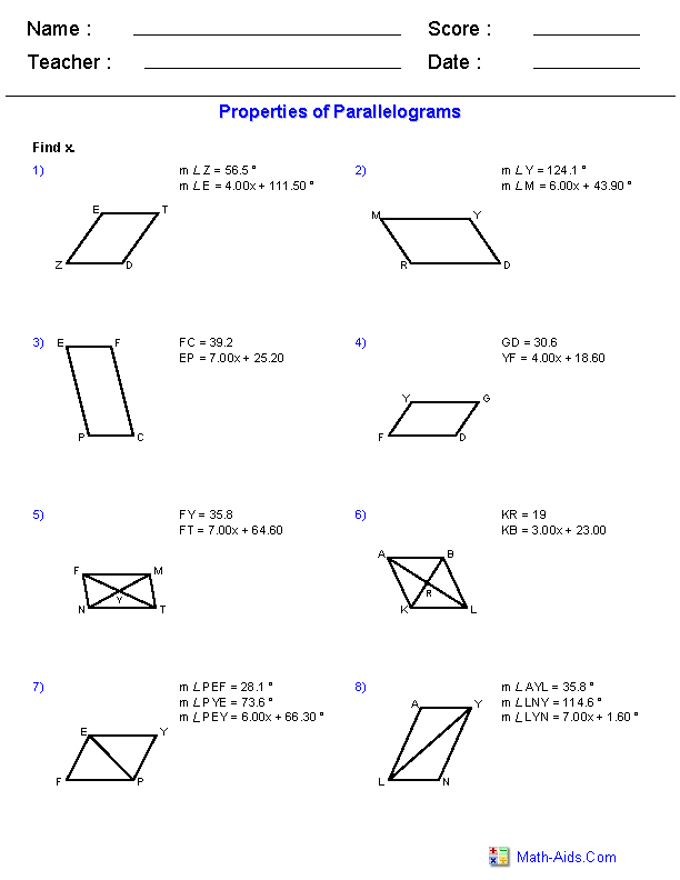 Quadrilateral Properties Chart Answers