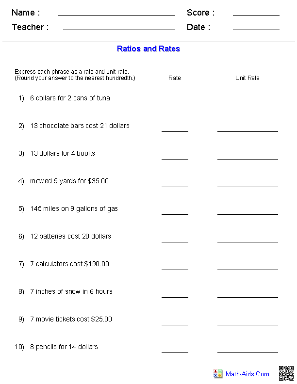 Rates and Unit Rates Ratio Worksheets