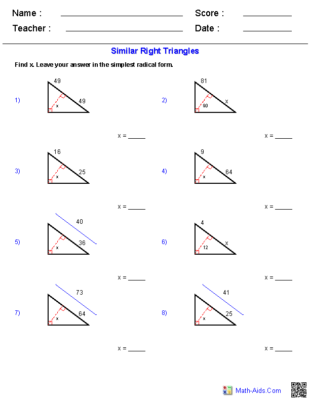 Similar Right Triangles Geometry Workhsheets
