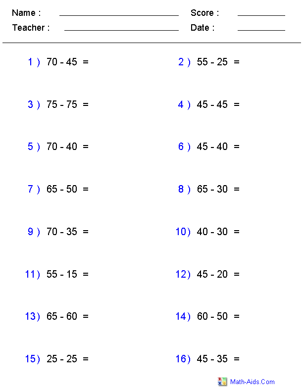 Subtracting Two Digit Numbers Subtraction Worksheets
