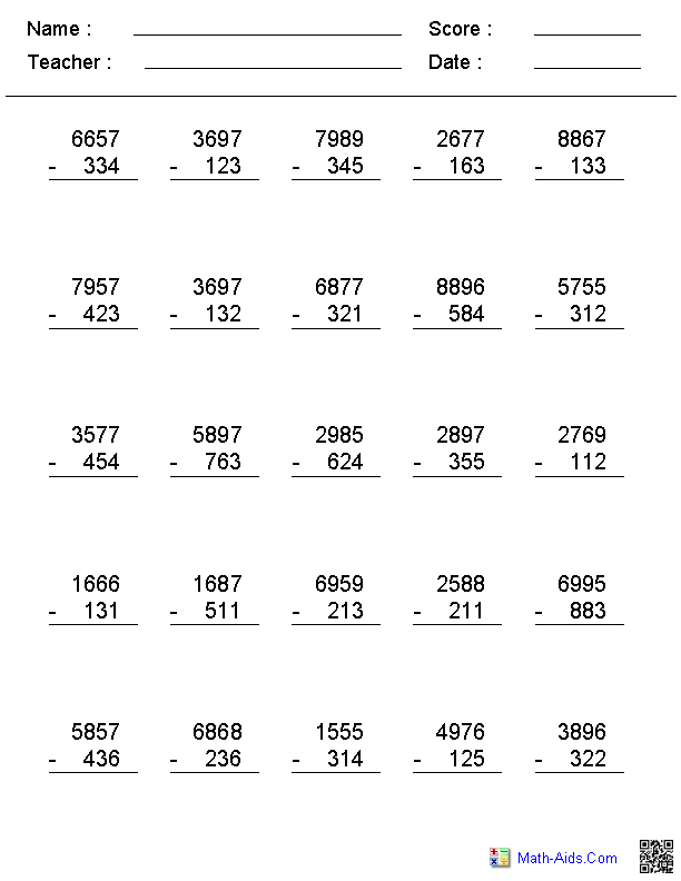 2, 3, or 4 Digit No Regroup Subtraction Worksheets