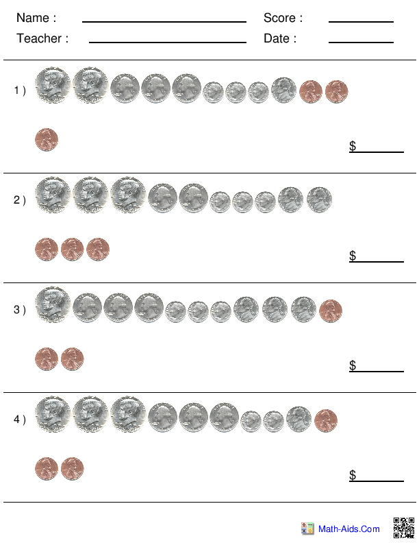 US Coin Counting Large Spacing Money Worksheets