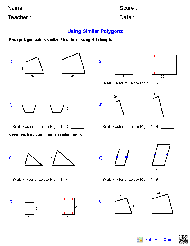 Using Similar Polygons Geometry Worksheets