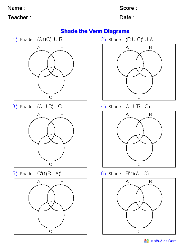 Shade the Regions Three Sets Venn Diagram Worksheets