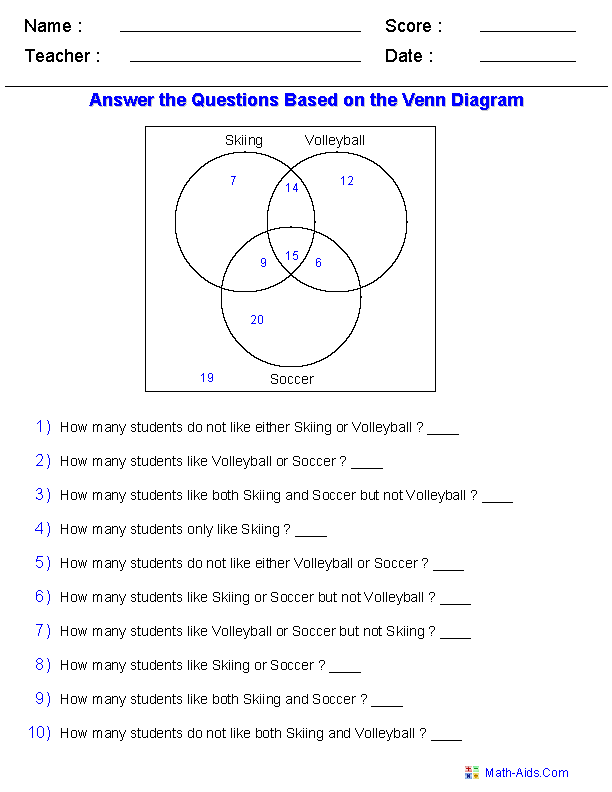 Word Problems Using Three Sets Venn Diagram Worksheets