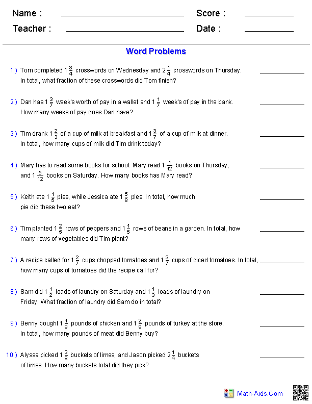 Adding And Subtracting Mixed Numbers Word Problems Worksheet With Answers