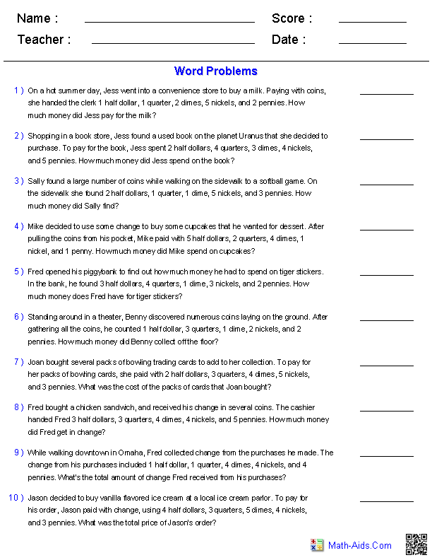 Adding U. S. Coins Word Problems