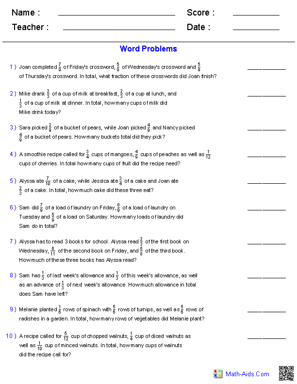 Adding Three Fractions Word Problems Worksheets