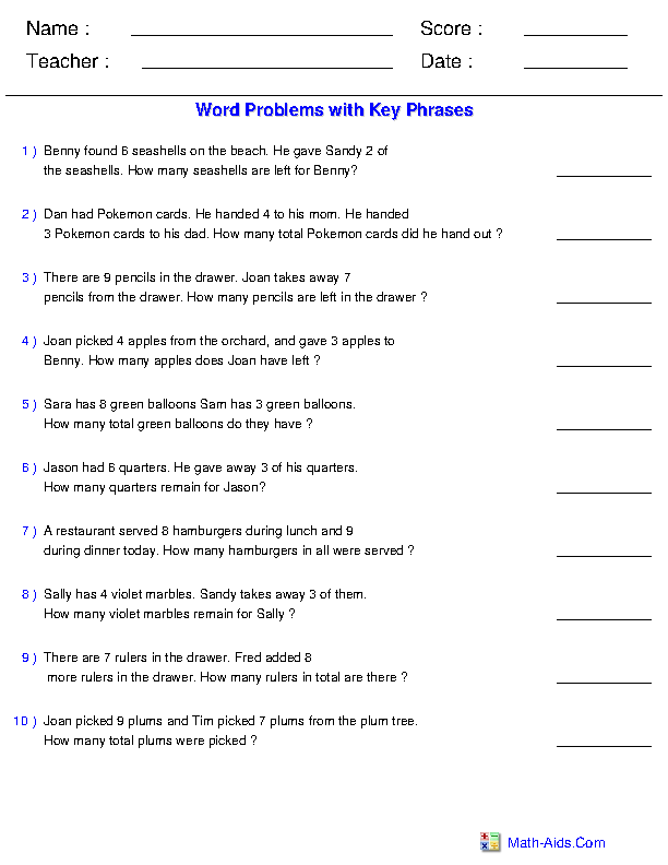 Mixed Operations with Key Phrases Word Problems Worksheets