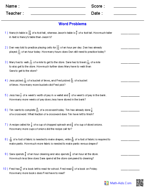 Subtracting Fractions Word Problems Worksheets