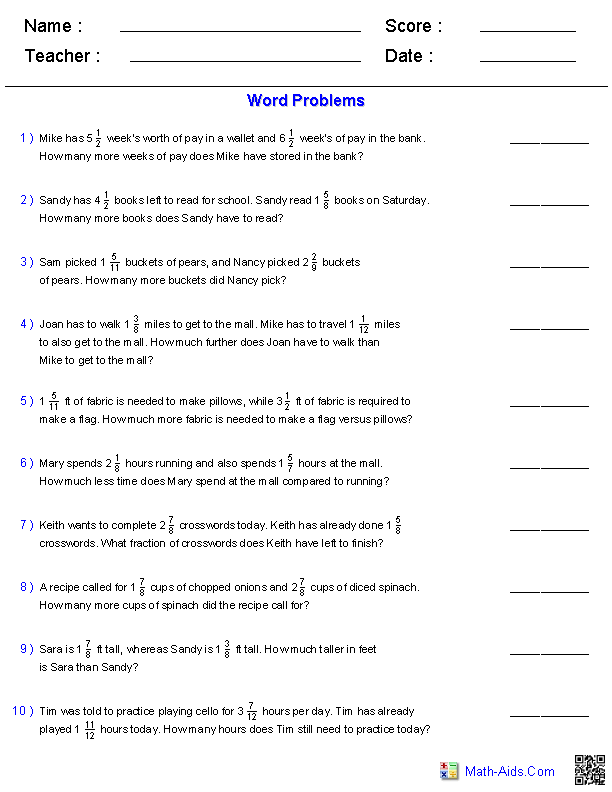 Subtracting Two Mixed Numbers Word Problems Worksheets