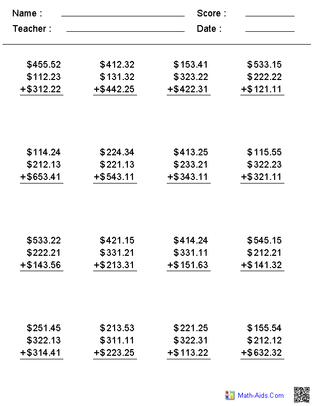 Add Money No Regroup Addition Worksheets