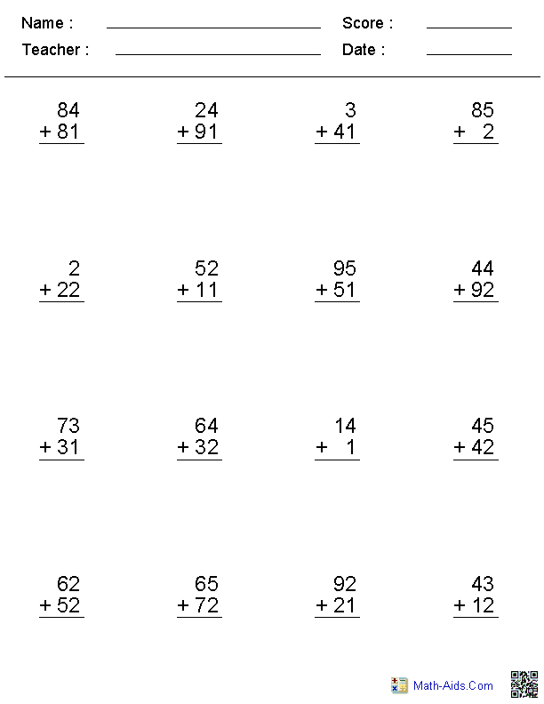 Zero to 99 Addition Worksheets