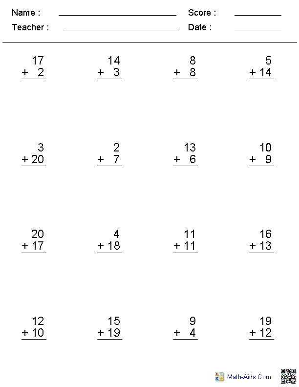 Zero to Twenty Addition Workhsheets