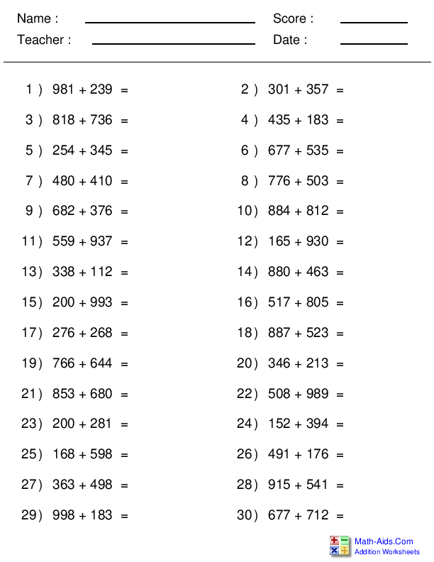 3 or 4 Digits - Horizontal Addition Worksheets