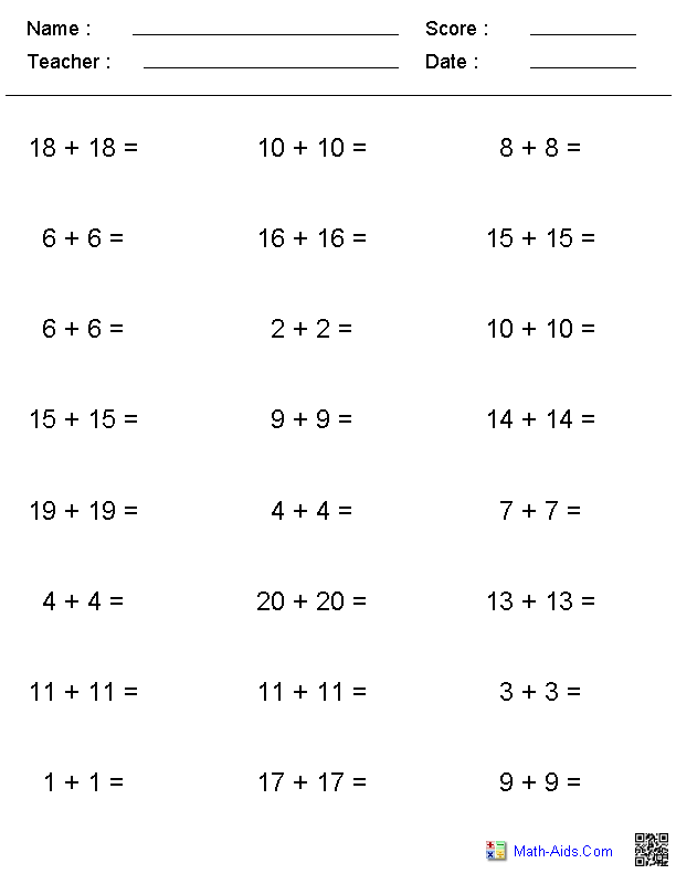 Adding Doubles Horizontal Format Worksheets