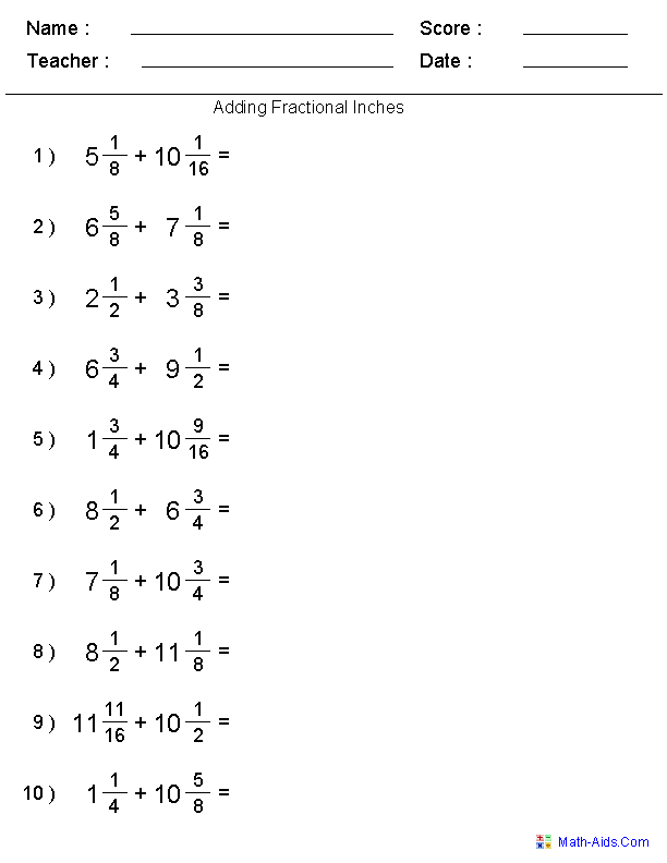 Adding Fractional Inches Worksheets