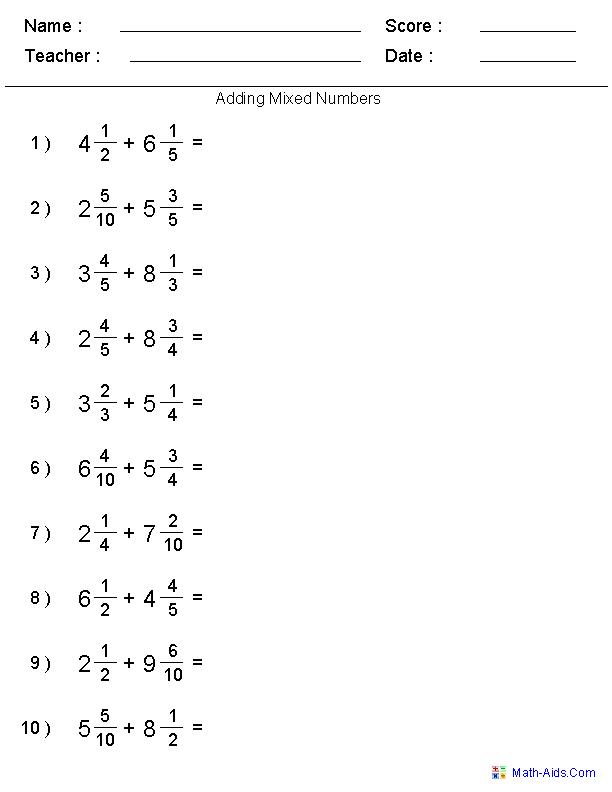 Adding Mixed Numbers Fractions Worksheets