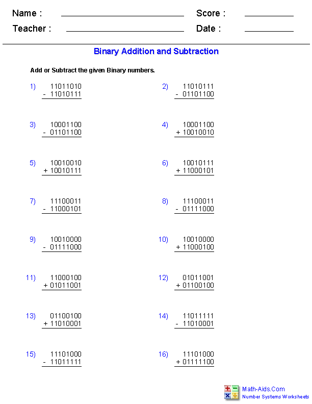 Adding & Subtracting Binaries Number Systems Worksheets