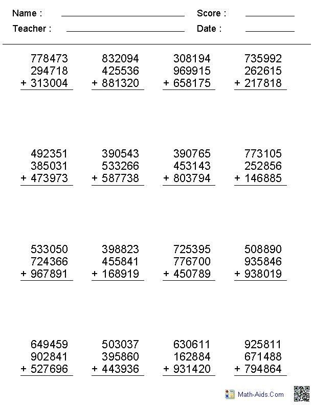 5, 6, or 7 Digits Addition Worksheets