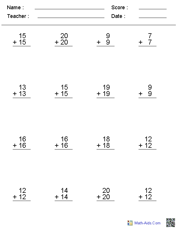 Adding Doubles Addition Worksheets