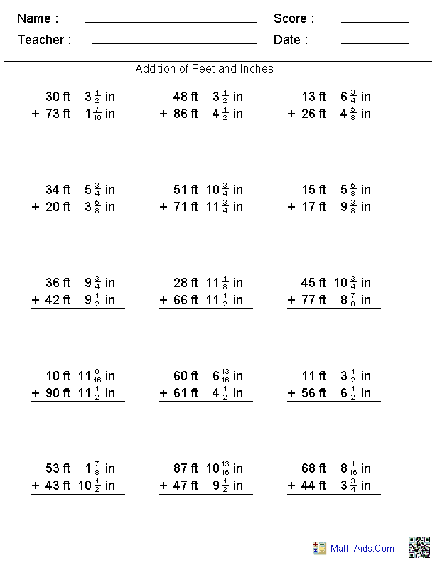 Adding Feet & Inches Addition Worksheets