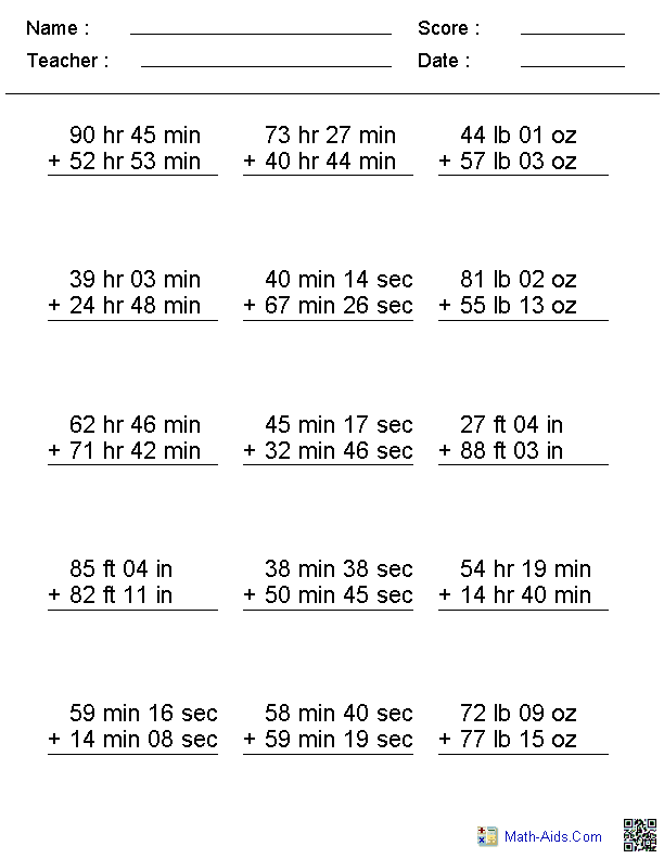 Adding Irregular Units Addition Worksheets