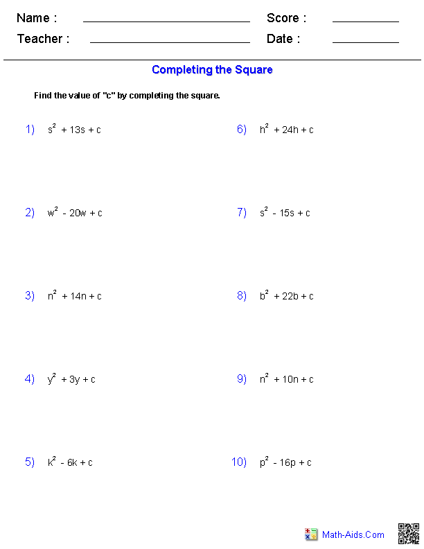 Completing the Square Quadratic Functions Worksheets