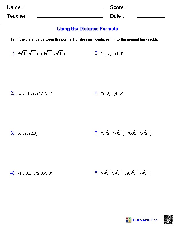 Using the Distance Formula Radical Expressions Worksheets
