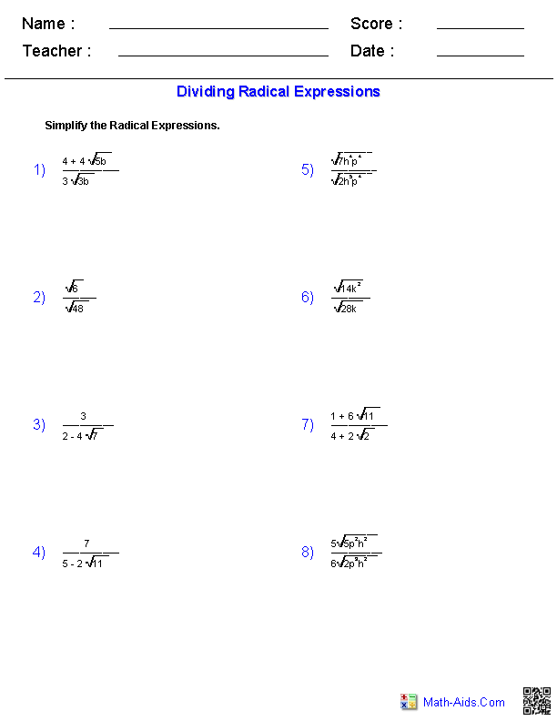 Dividing Radicals Radical Expressions Worksheets