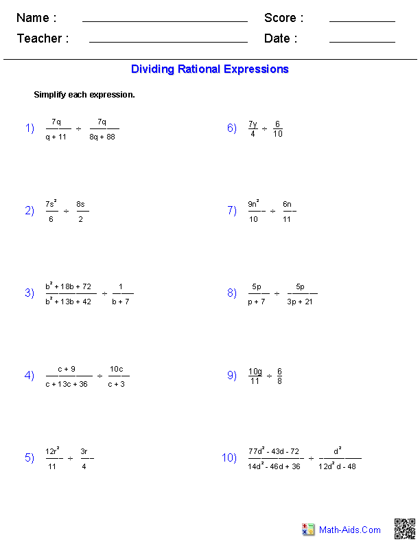 Dividing Rationals Rational Expressions Worksheets