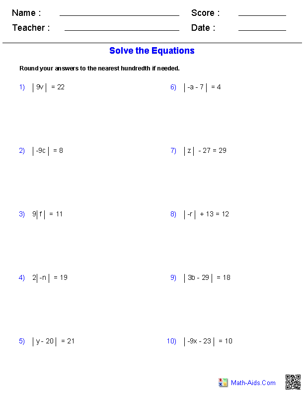 Absolute Value Equations Equations Worksheets