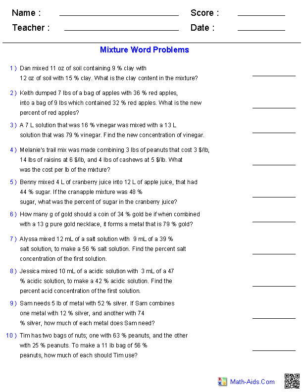 Mixture Word Problems Equations Worksheets