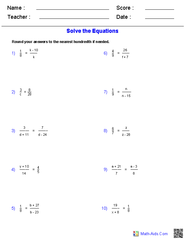 Algebra 1 Worksheets | Equations Worksheets