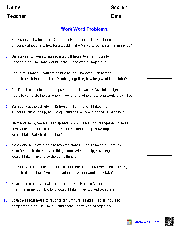 Work Word Problems Equations Worksheets