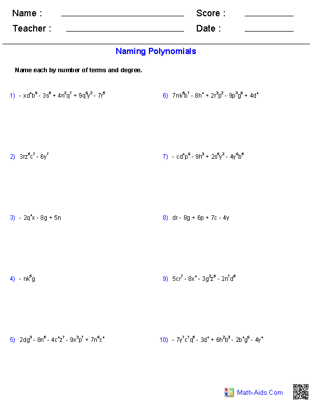 Naming Polynomials Polynomials Worksheets