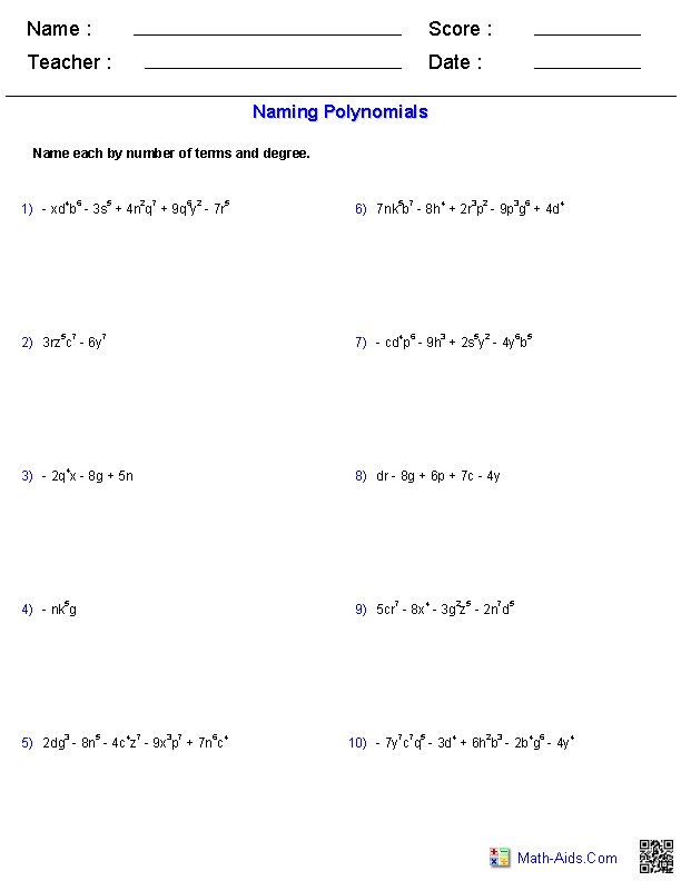 Algebra 1 Worksheets | Monomials and Polynomials Worksheets