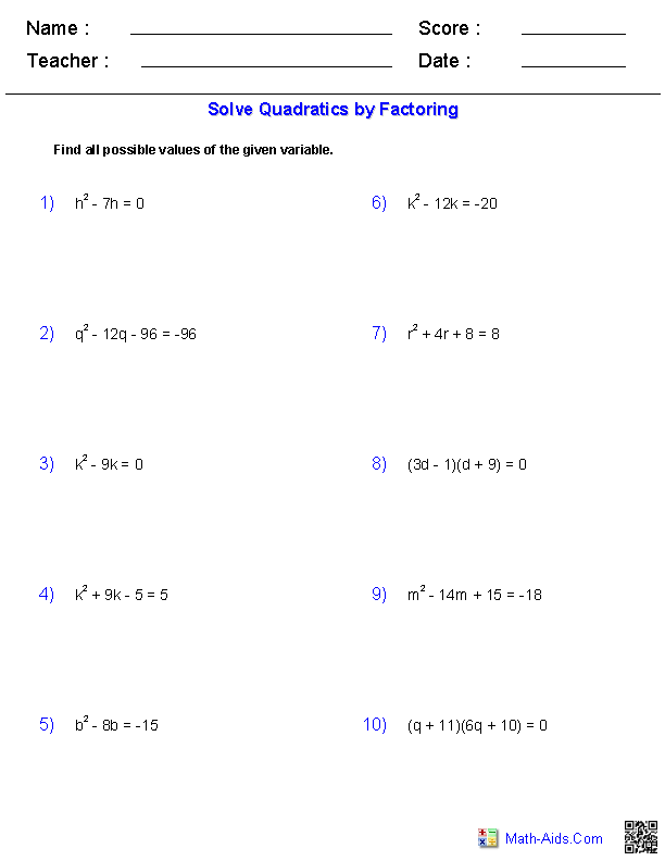 Solving Equations by Factoring Quadratic Functions Worksheets