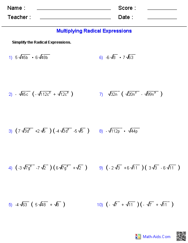 Multiplying Radicals Radical Expressions Worksheets